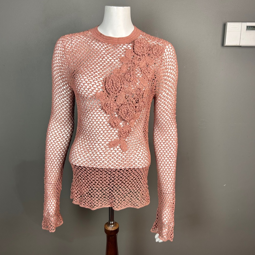 All over net crochet top Large Y2k Arden B Long Sleeve Flower Pink Cottagecore - Picture 5 of 10